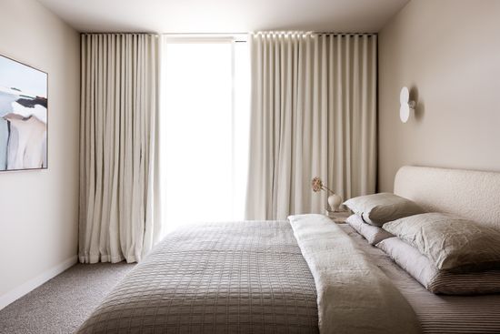 12 21 Rathmines North House Dylan James Bedroom Lined Curtains Allusion Pearl and Aspro Sand 1